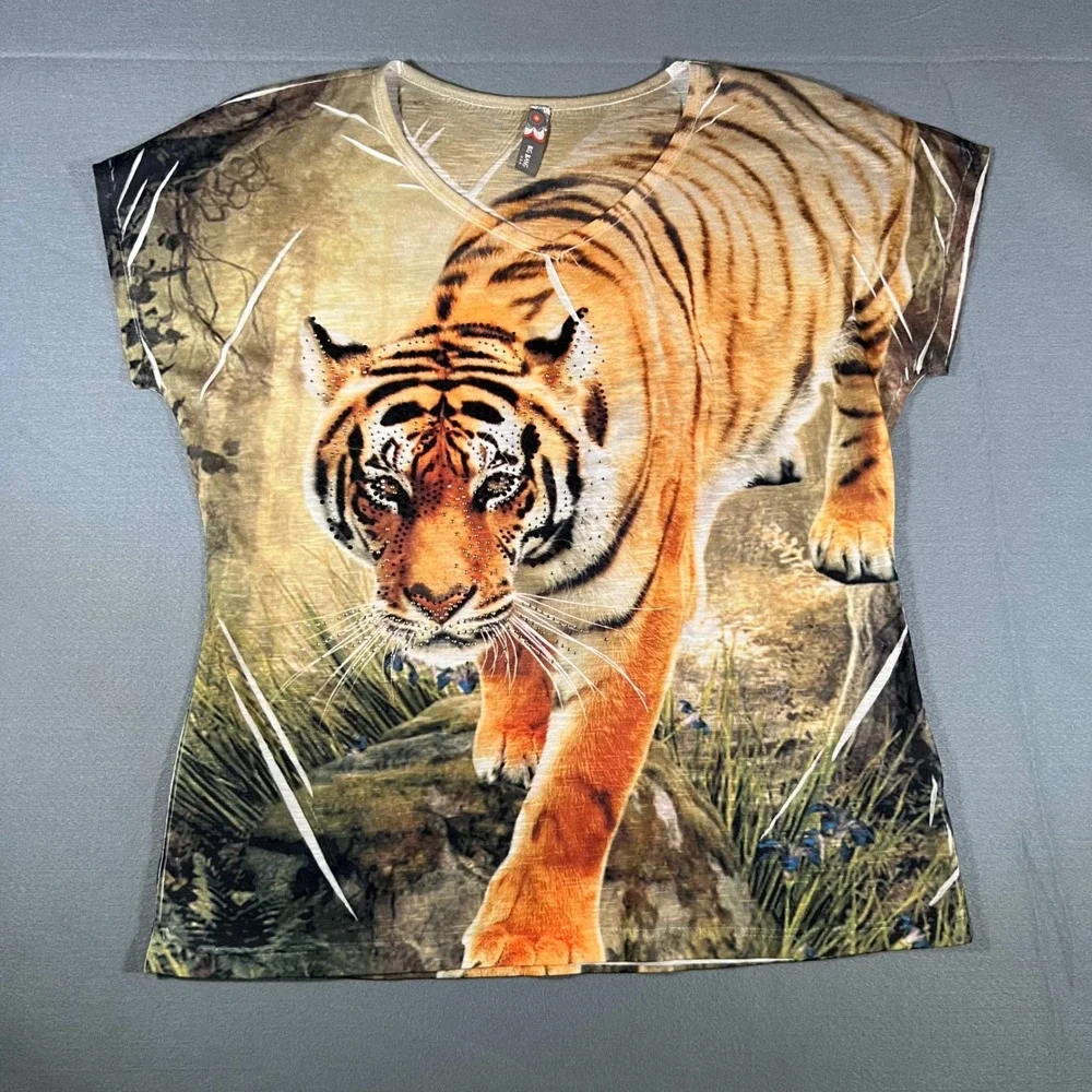 Big Bang USA Tiger Rhinestone Embellished Graphic T-Shirt Y2K Bling 00s Retro - Picture 1 of 6